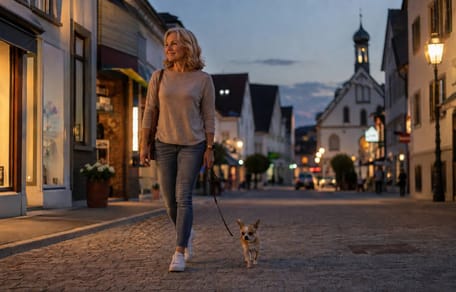 Frauchen spaziert mit Chihuahua durch die Stadt