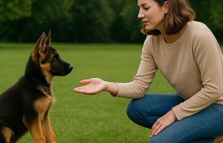 How long does it take to train a puppy? Woman training GS puppy