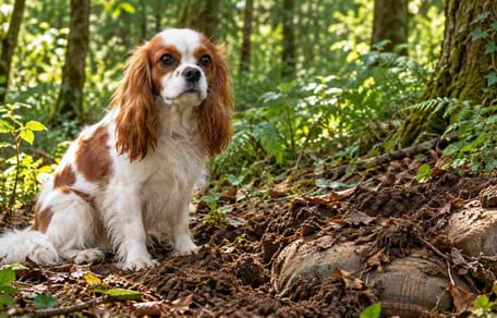Hündin bewacht Stelle im Wald