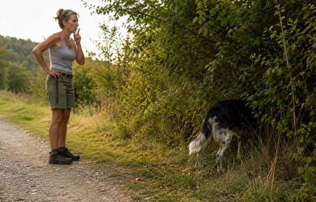 Hund schnüffelt in einem Gebüsch