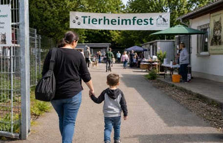 Junge mit Mutter besucht Tierheimfest