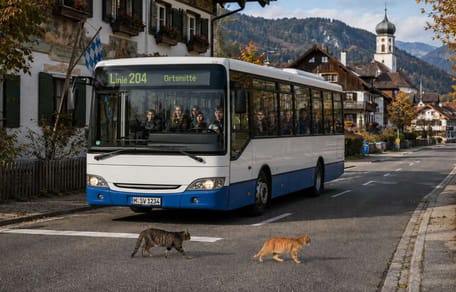 Des chats traversent la route devant un bus