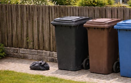 Kleines Bündel liegt neben Mülltonnen