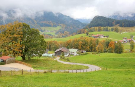 Landstraße zwischen Wiesen in Oberbayern