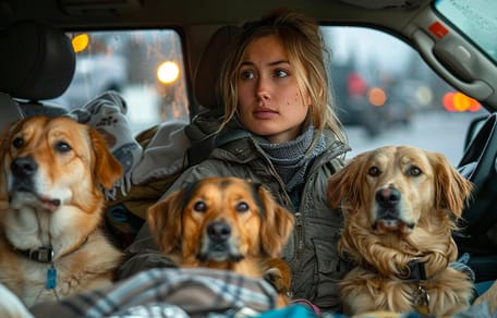 donna in auto con tre cani