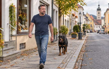Mann geht mit Rollweiler durch die Stadt