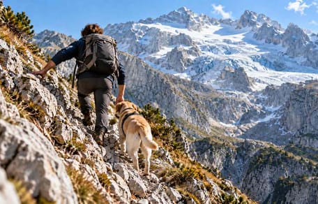 Mann  mit Labrador beim Bergsteigen