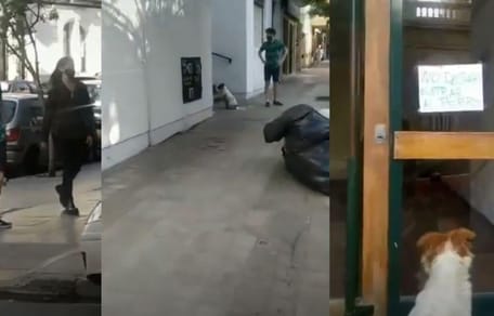 Montage eines Mannes, der einem verlorenen Hund durch die Straßen folgt