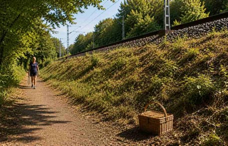 Passantin entdeckt einen Korb am Bahndamm