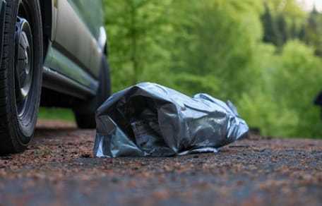 Plastiktüte auf dem Waldboden