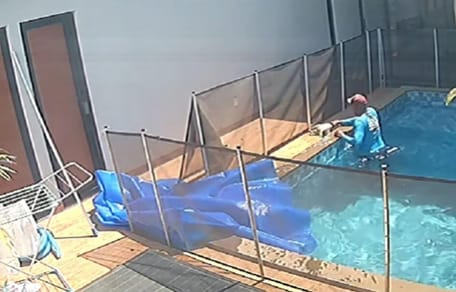 Pool cleaner saving dog by pool