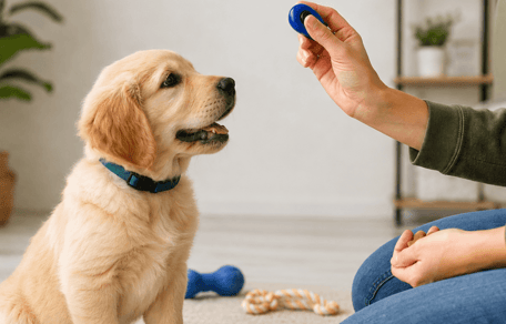 Puppy training with a clicker: Labrador puppy being clicker trained