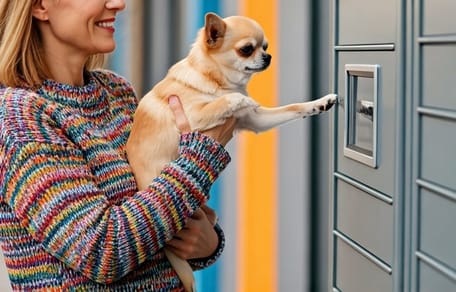 Woman and dog infront of locker