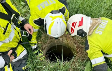 strażacy wyciągają psa ze studni