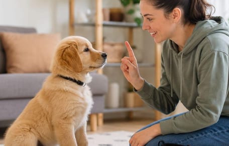 Training your 12-14 week old puppy: Woman training puppy