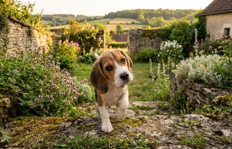 Pies rasy beagle na zielonej trawie