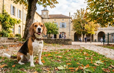 un beagle devant une école