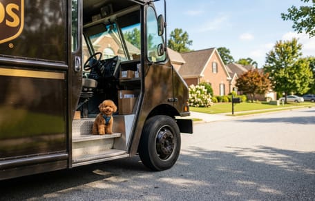 A poodle in a UPS van