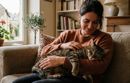 Eine Frau hält eine Katze liebevoll im Arm