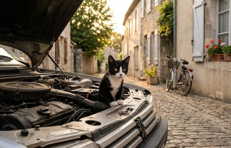 Un chat dans un capot de voiture