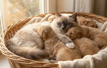 Een kat in een mand met puppy's