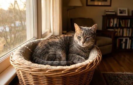 A cat in a cosy bed