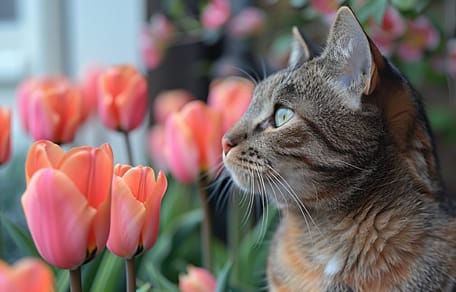Un chat devant des tulipes