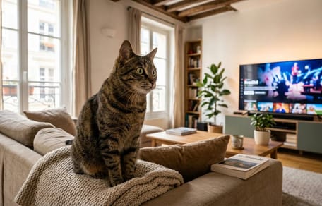 Eine Katze sitzt fasziniert vor dem Fernseher