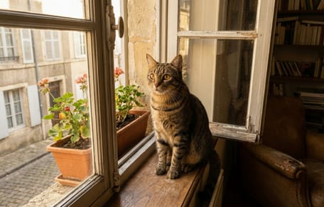 Un gatto davanti a una finestra