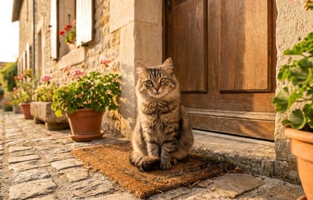 Eine Katze vor einem Haus