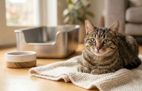 Un chat en parfaite santé près de sa gamelle