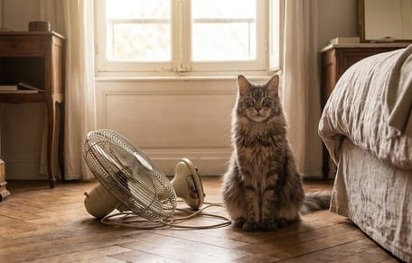 Un chat Maine Coon près d'un ventilateur