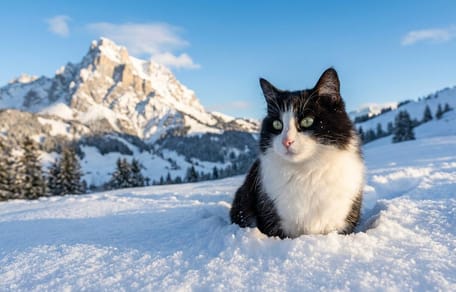 Un gatto bianco e nero nella neve