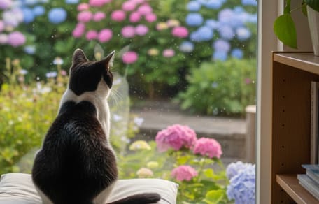A black and white cat in front of a window
