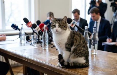 Un gatto durante una conferenza stampa in Qatar