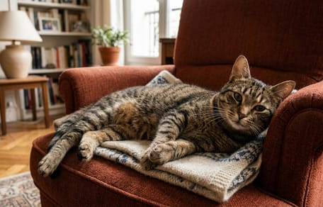 Eine Katze liegt entspannt auf einem Sofa