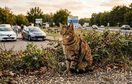 Eine Katze auf einem Autobahnrastplatz