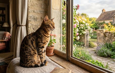 un chat tigré près d'une fenêtre