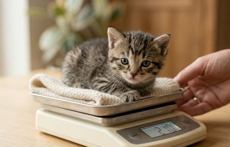 Un chaton sur une balance pour vérifier son poids