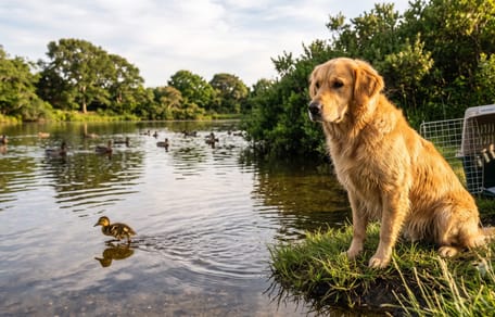 Ein Hund neben Enten