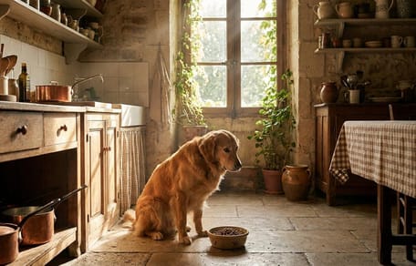 Un cane spaventato in una cucina