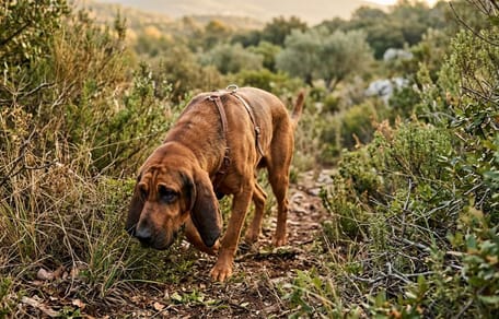 Ein Hund steht im hohen Gras.