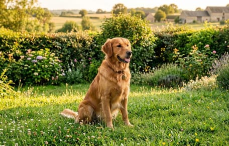 Ein Hund sitzt im grünen Garten