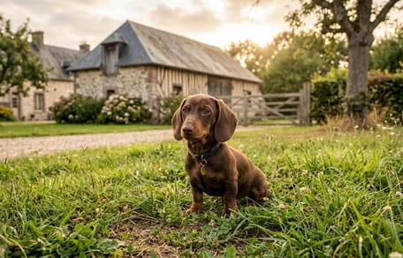 un chien devant une ferme