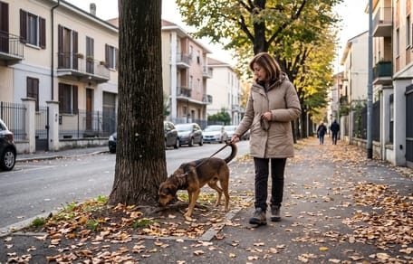 Ein Hund bei einem Spaziergang mit seiner Hundehalterin