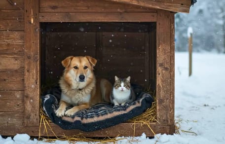 Chien et chat installés ensemble sur une couverture dans un abri en bois pendant une chute de neige hivernale