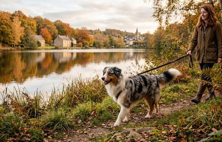 un cane durante una passeggiata con il suo proprietario