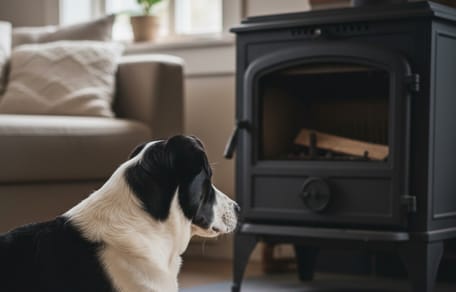 A black and white dog lying in front of a stove