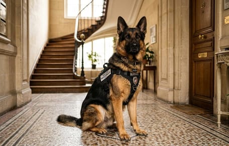 A police dog standing in the hallway of an apartment building