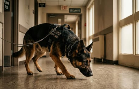 Ein Polizeihund nimmt eine Fährte auf